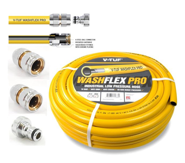 V-TUF WashFlex Pro industrial low pressure hose with connectors on a white background
