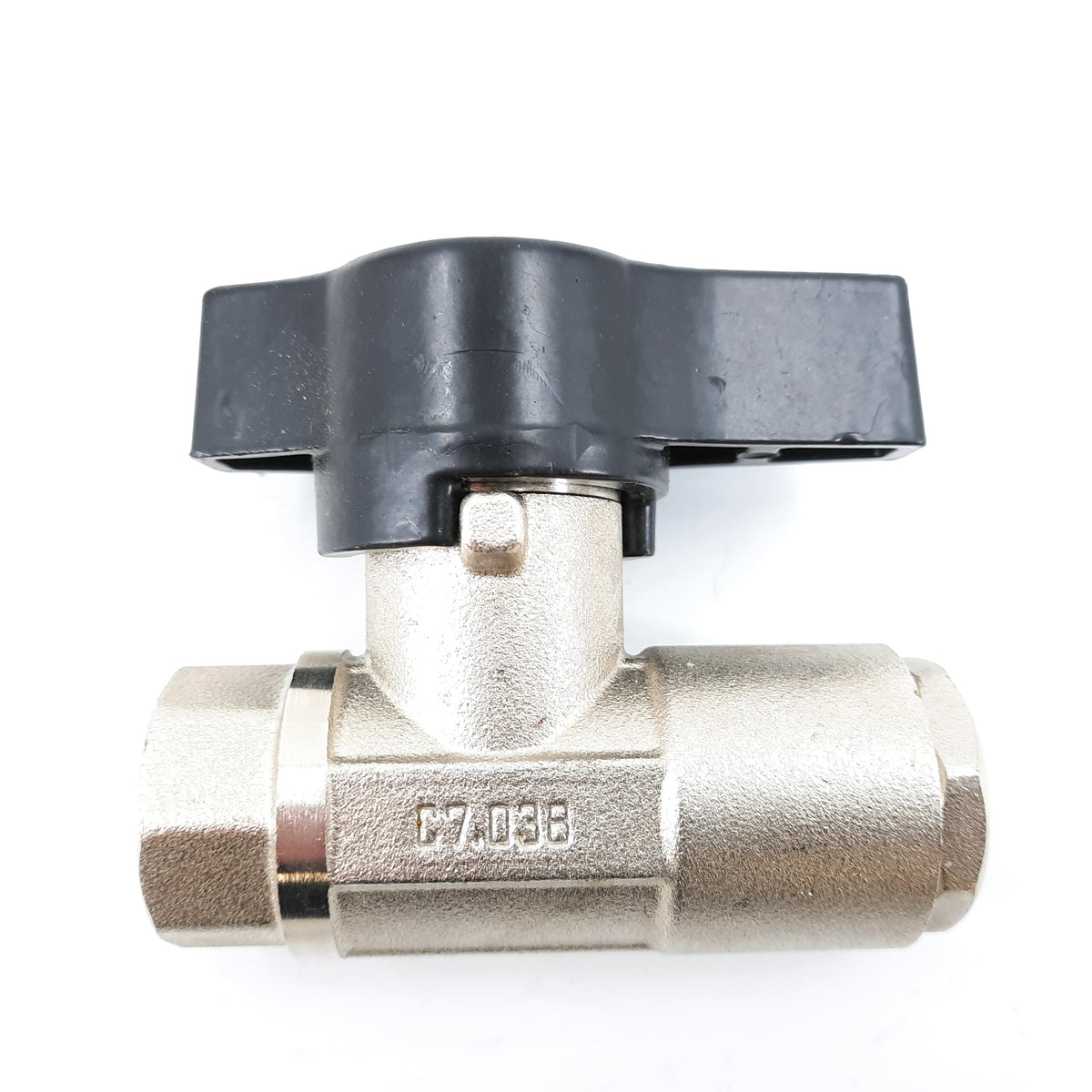 V-TUF C7.038 HP ball valve side view showing lever handle and nickel plated body