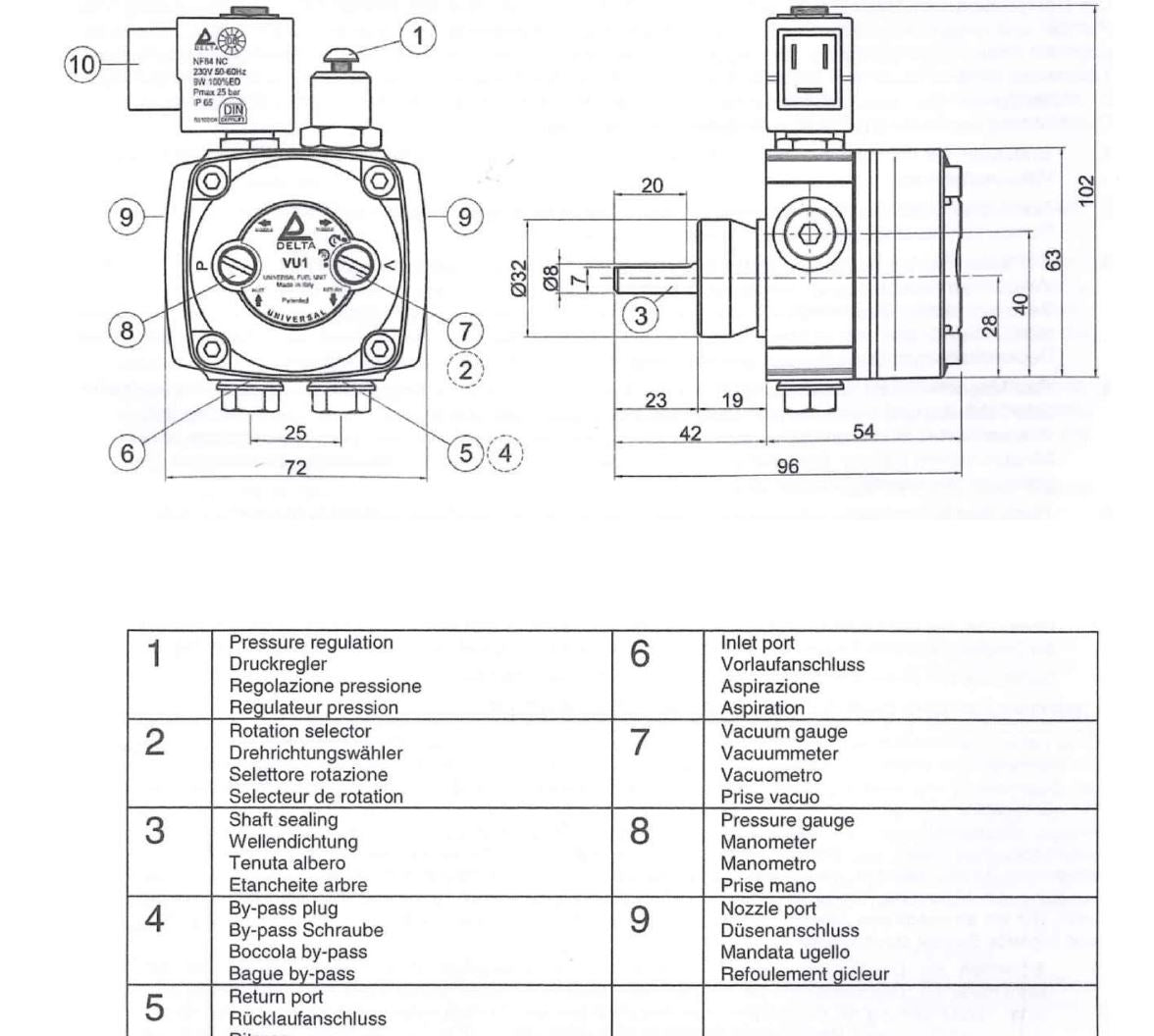 V-TUF D1.031 24V fuel pump close-up of solenoid coil and 8mm shaft end
