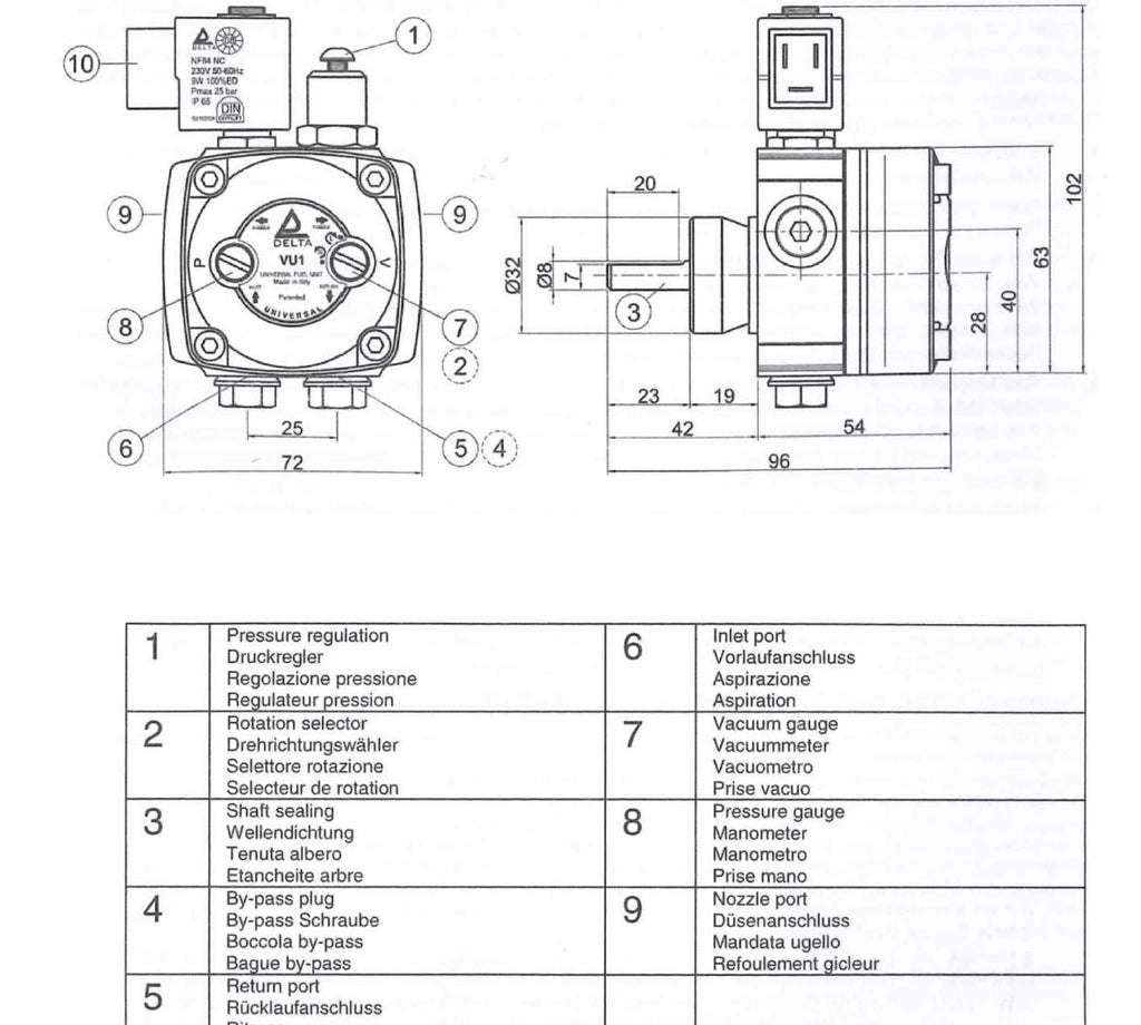 V-TUF D1.031 DEL uni-rotation fuel pump side profile showing pump body and electrical connections