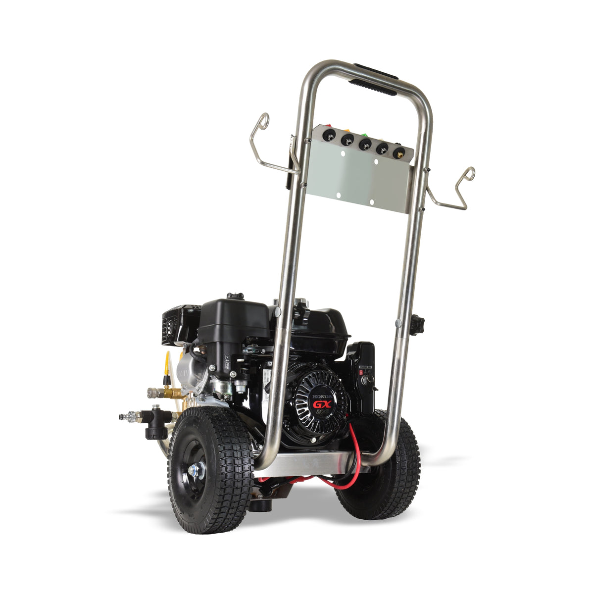 V-TUF DD065SSE angle view showing stainless frame, hose reel and electric start battery