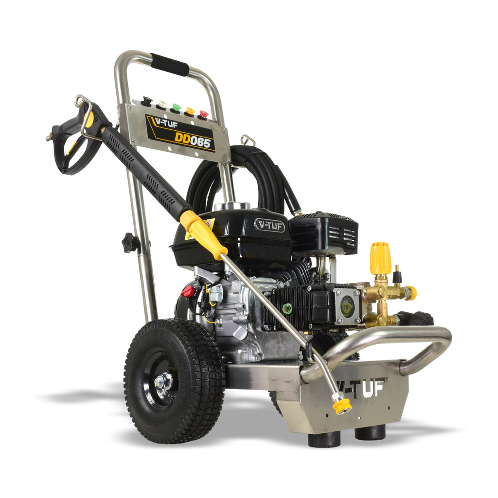 V-TUF DD065 angle view showing stainless steel frame, hose reel and lance holder