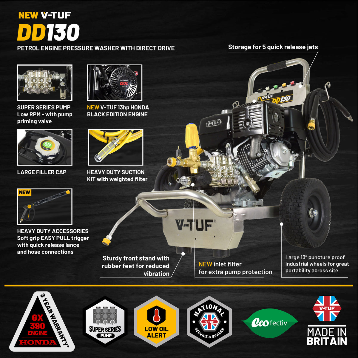 V-TUF DD130 petrol pressure washer angle view showing trolley frame and hose reel