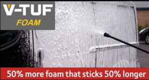 V-TUF 1000mm red foam lance OPF041R with quick release inlet, in-use applying foam
