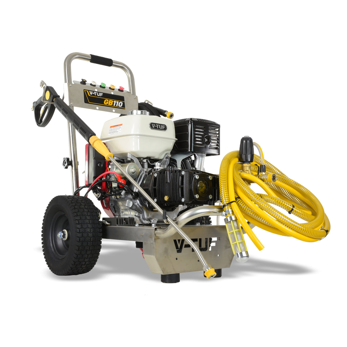 V-TUF GB110SSE stainless frame electric start washer side view showing Honda GX390 and gearbox