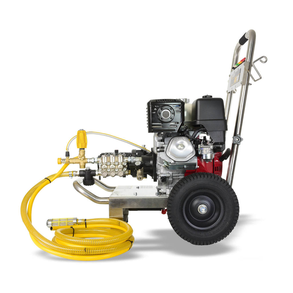 V-TUF GB110SSE rear view showing stainless frame, water inlet and electric start
