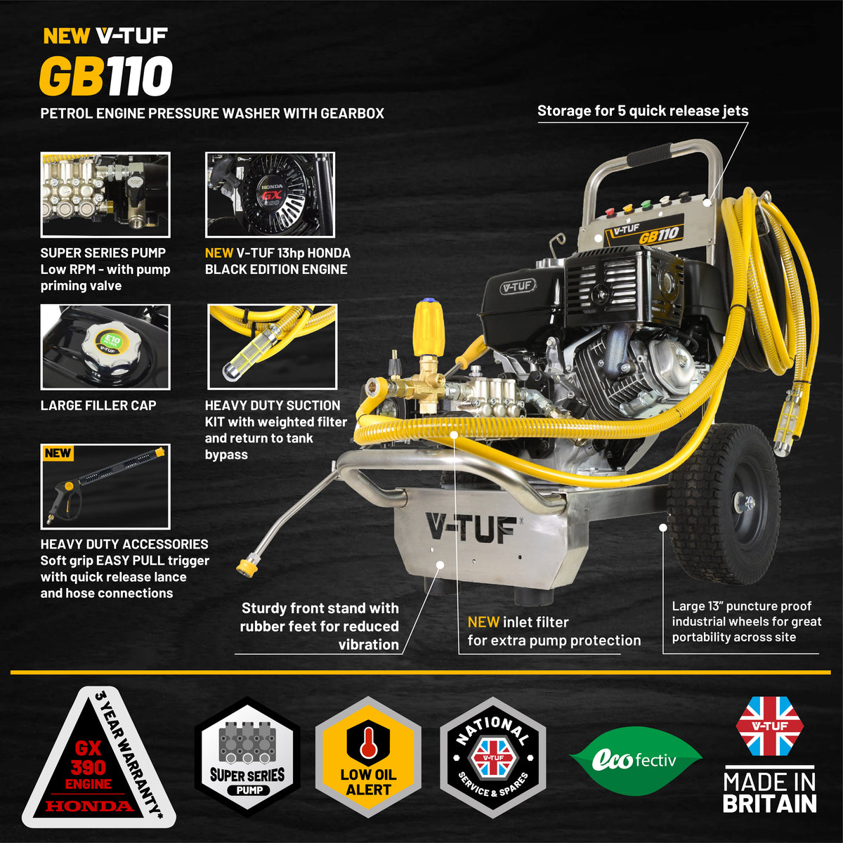V-TUF GB110 Industrial 13HP Gearbox Driven Honda Petrol Pressure Washer - 3000psi, 200Bar, 21L/min