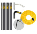 Set of black pipes, a yellow hose, and a metal fitting on a white background
