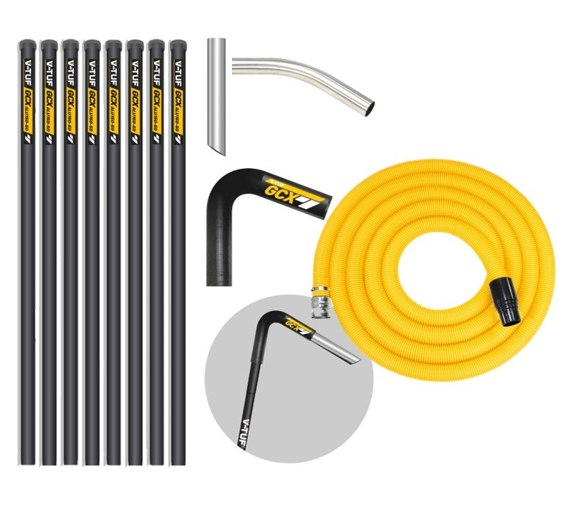 Set of black pipes, a yellow hose, and a metal fitting on a white background