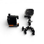 Black camera mounting accessories shown on a white background, including a clamp, a ball joint, and a mounting bracket with an action camera attached.