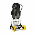 Pressure washer with black body, yellow wheels, and white container on a white background