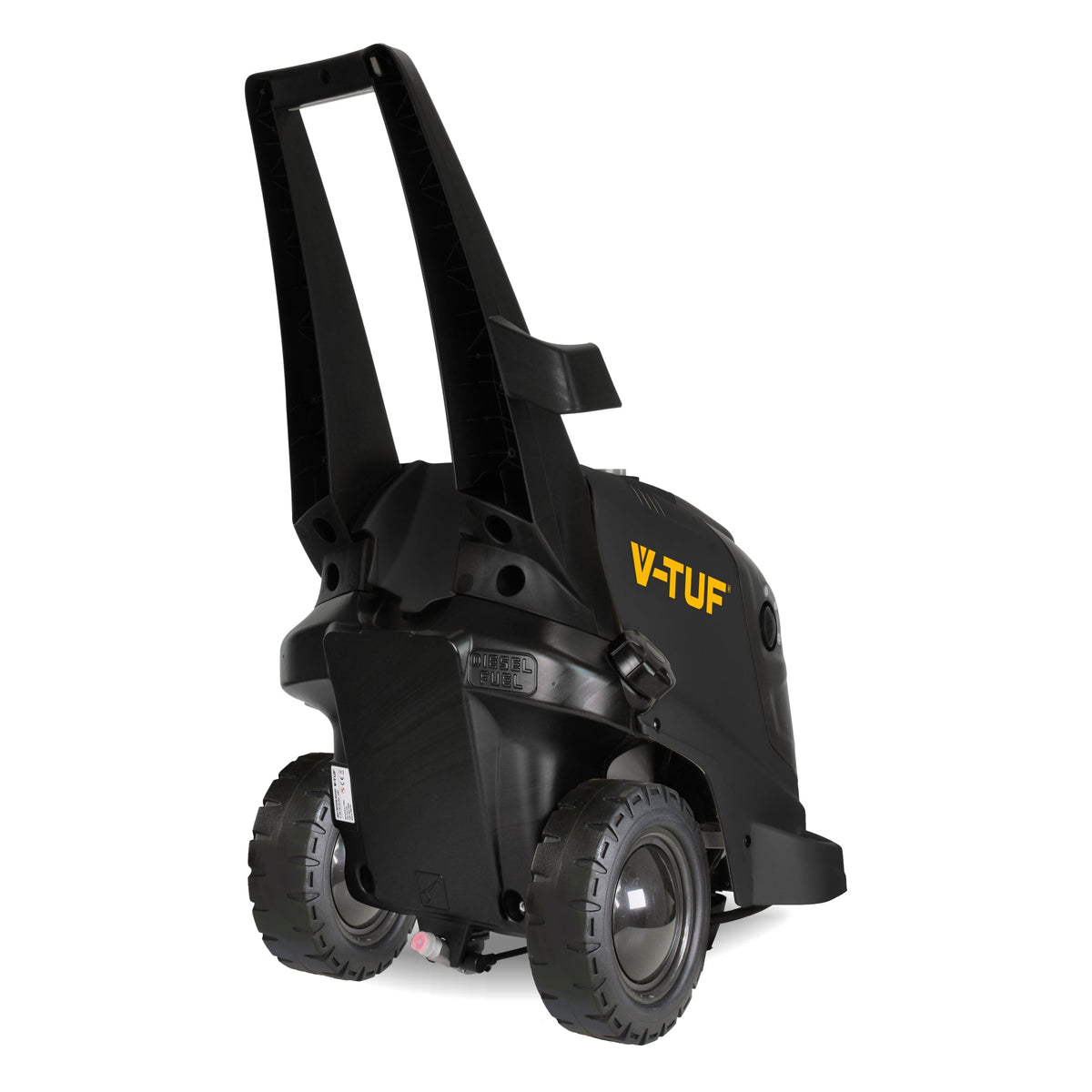 V-TUF HD140HOT pressure washer angled view showing compact chassis and hose storage
