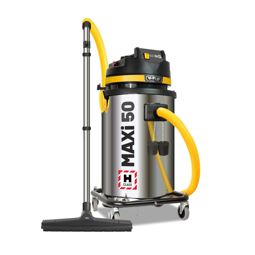 V-TUF MAXIH110-50L 110V dust extractor side view showing yellow hose and 50L capacity drum