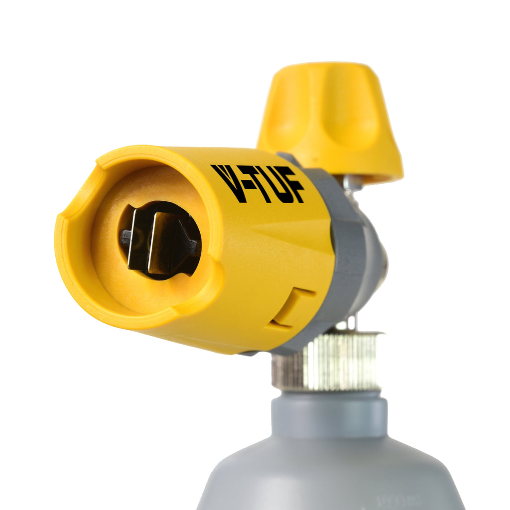 V-TUF OPF075TF foam cannon close-up showing KTQ male body and dose adjuster