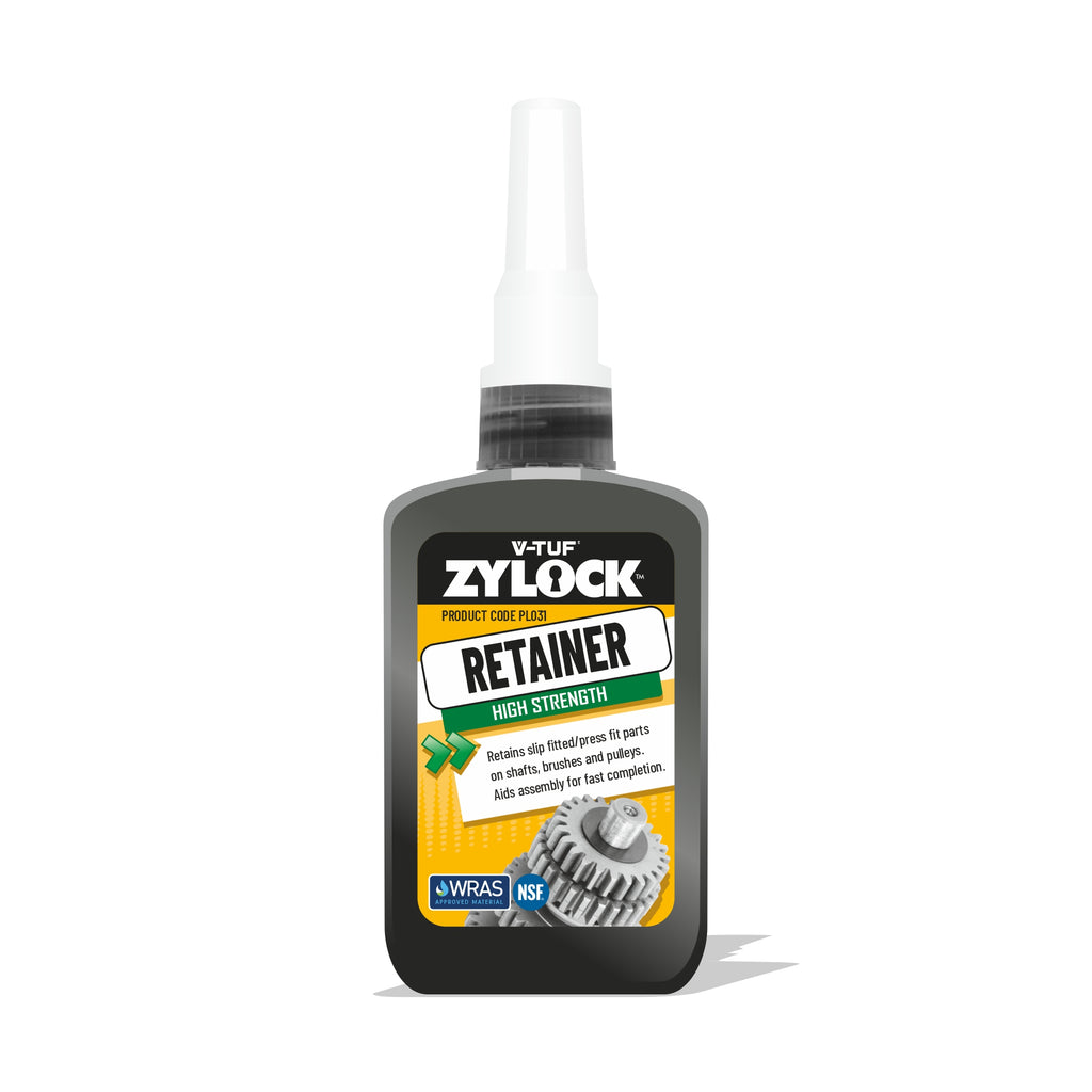 V-TUF ZYLOCK display stand side view showing product bottles and branding