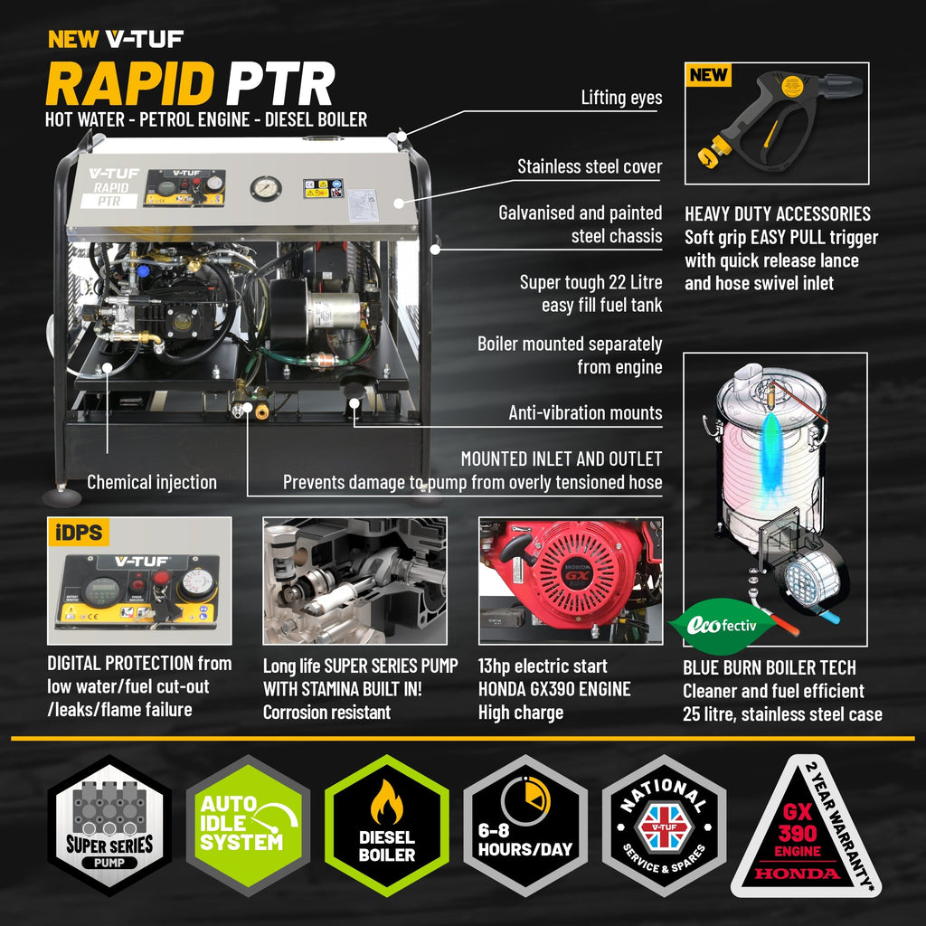 V-TUF RAPID PTR hot water washer rear view showing fuel tank and burner control panel