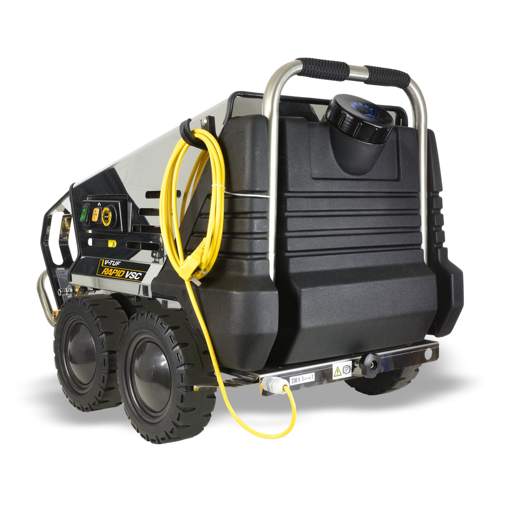 V-TUF RAPID VSC 240v pressure washer showing hose storage reel and lance holder