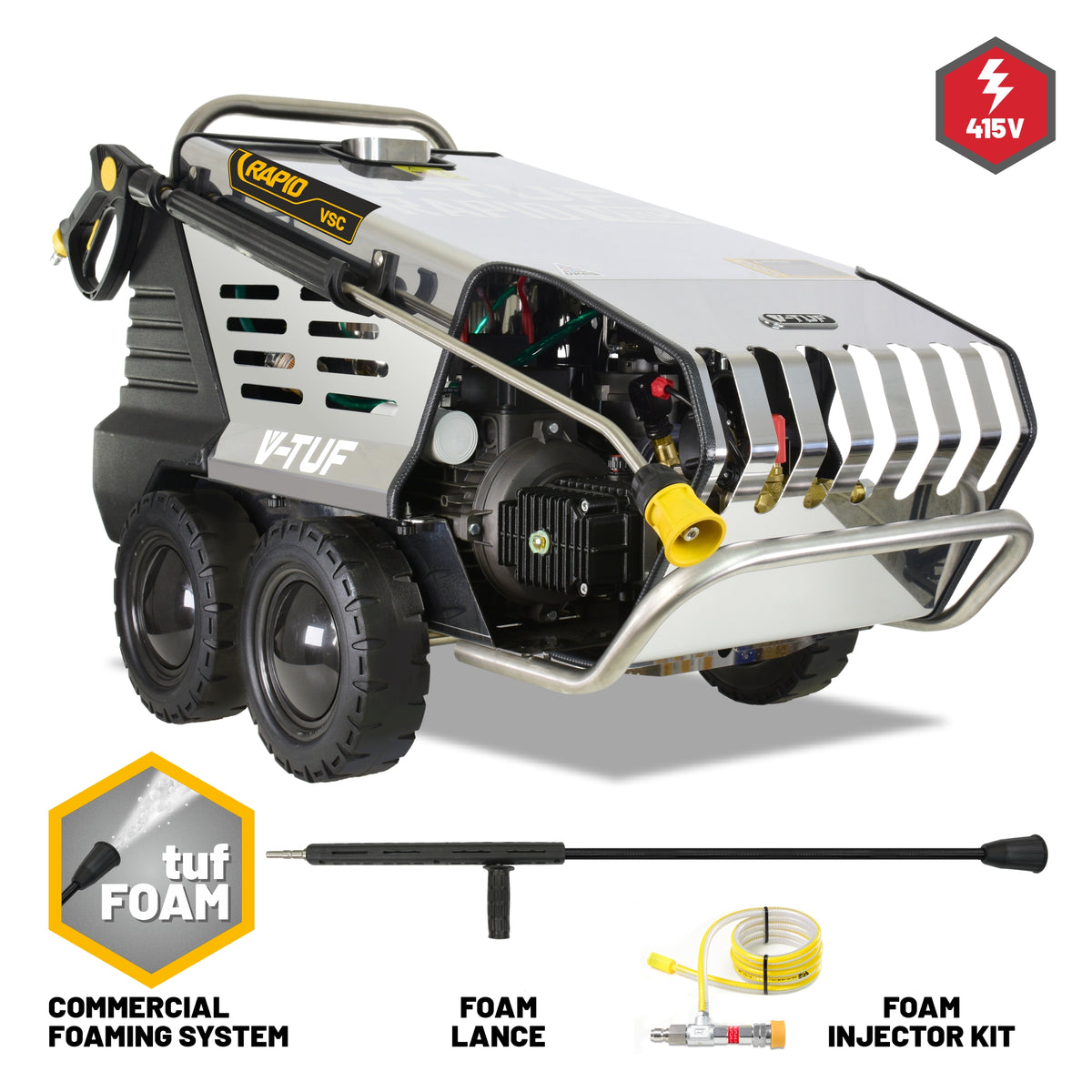 V-TUF RAPID VSC Hot Water Stainless Industrial Mobile Pressure Washer with Commercial Foam System - 2200psi, 150Bar, 15L/min