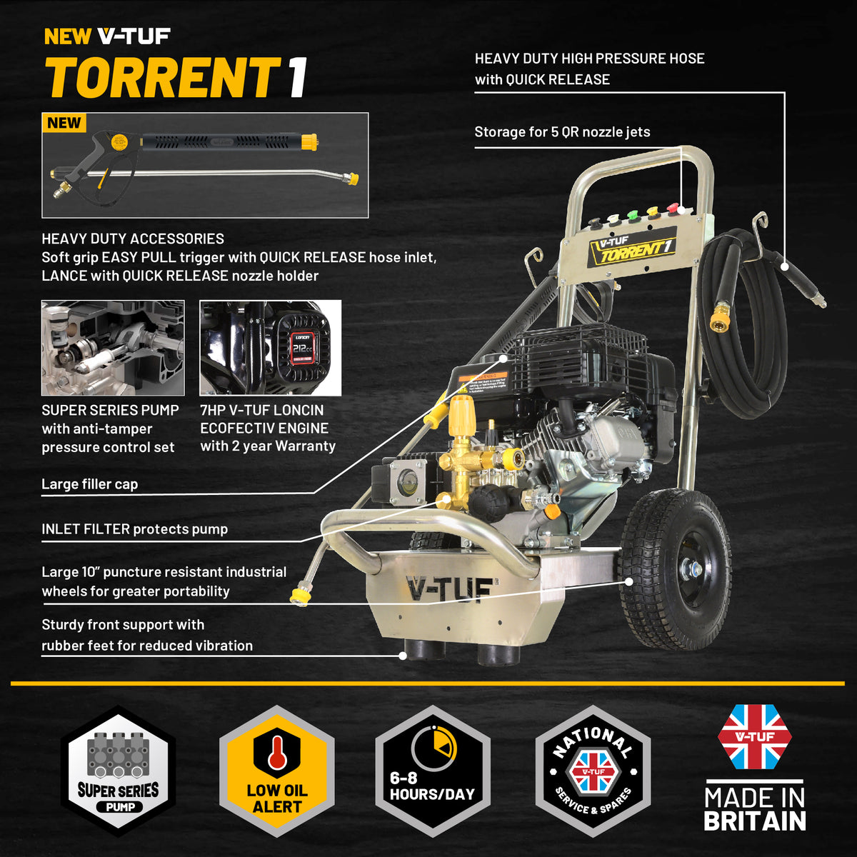 V-TUF TORRENT 1 kit angle view showing surface cleaner, D-GREEN chemical and accessories