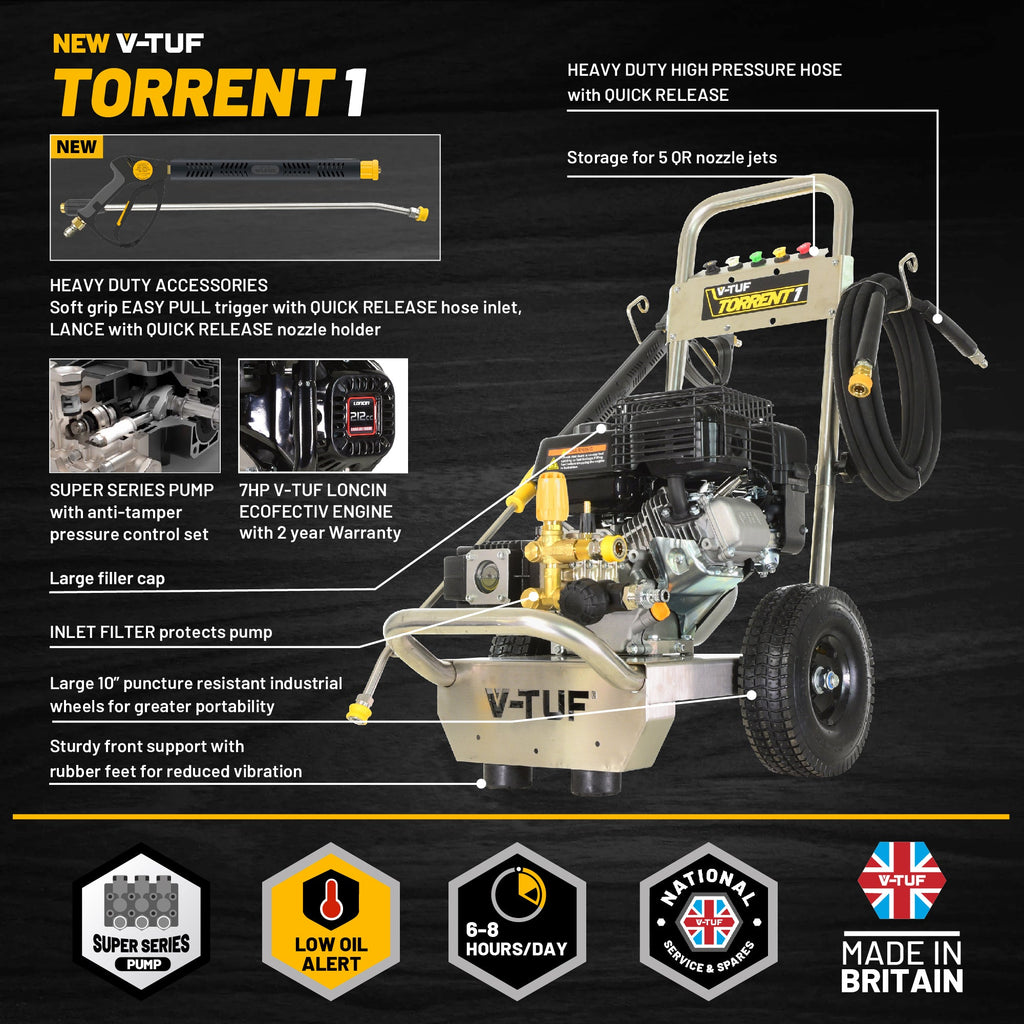 V-TUF TORRENT1 petrol pressure washer side view showing engine, pump and hose reel
