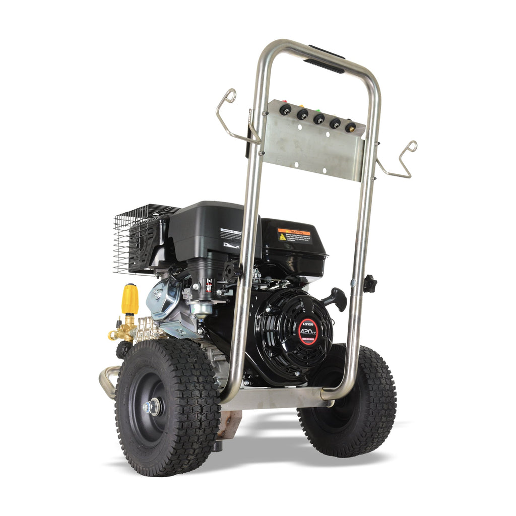 V-TUF TORRENT3 pressure washer showing hose reel and lance holder on stainless frame