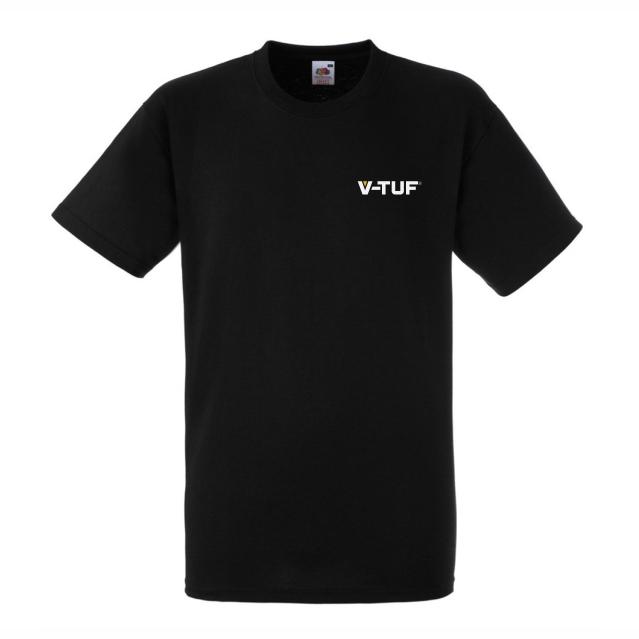 V-TUF branded t-shirt black with yellow V-TUF logo, front view