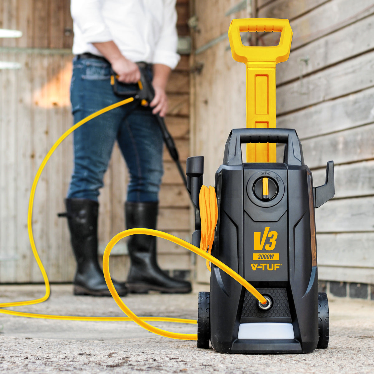V-TUF V3240X2 pressure washer rear view showing water inlet and power cable