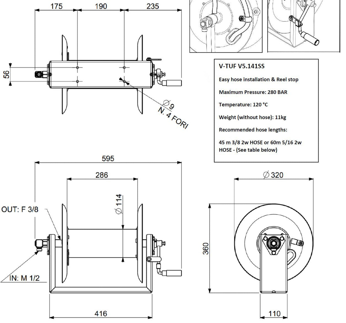V-TUF manual wind tufREEL Super Series 60m hose reel V5.141SS, front view