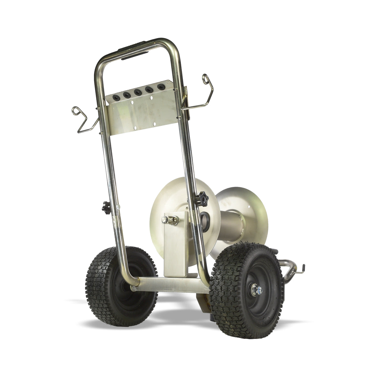 V-TUF 60m stainless trolley hose reel close-up showing inlet swivel and drum capacity