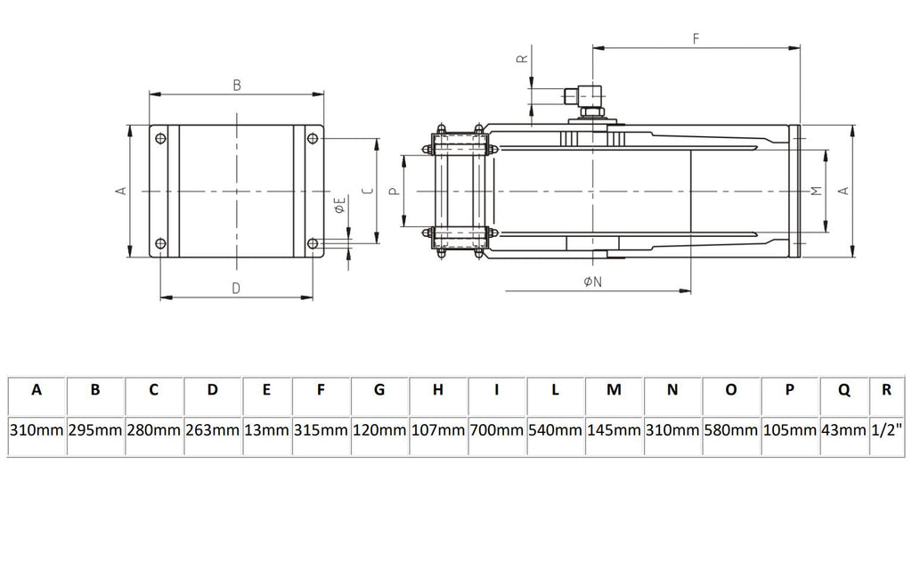 V-TUF V5.235 tufREEL dimension drawing showing 35m drum measurements and mounting positions