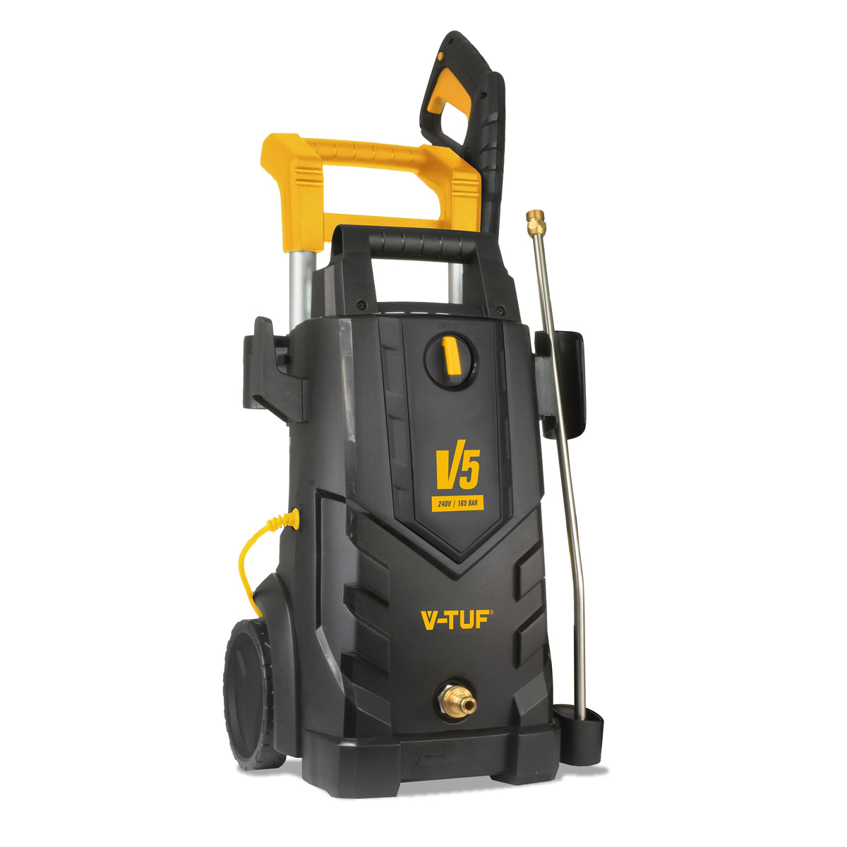 V-TUF V5240X2 pressure washer angled view showing wheels, lance and hose reel storage