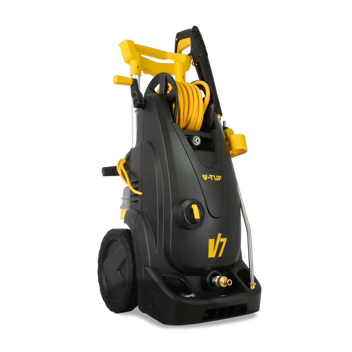 V-TUF V7 110V pressure washer angle view showing hose reel and trigger gun storage