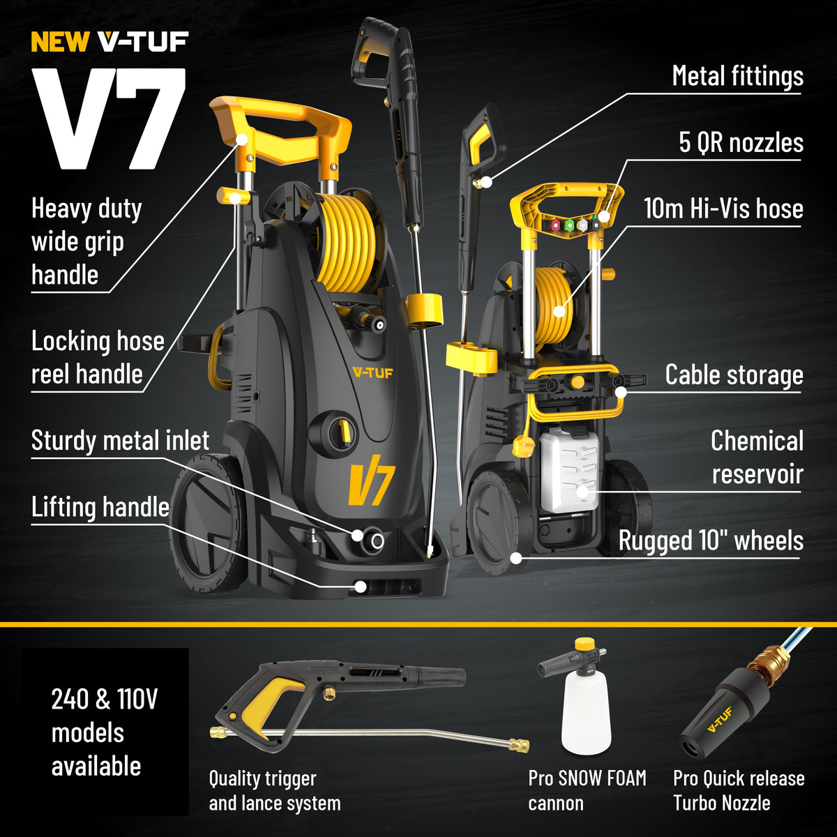 V-TUF V7240 side view showing brushless motor body and 10m hose reel