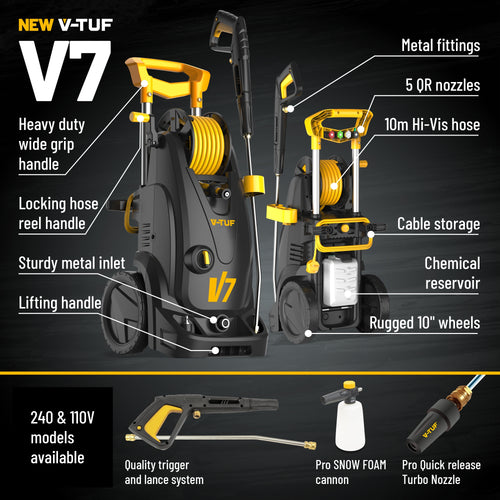 V-TUF V7240 side view showing brushless motor body and 10m hose reel