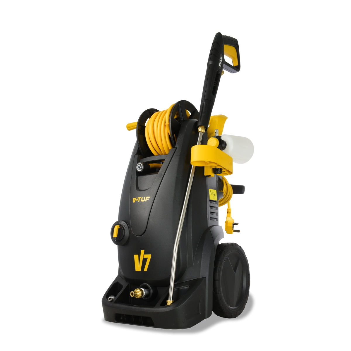 V-TUF V7 240V electric washer full kit view showing machine with 10m hose reel