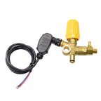 A brass and black electric shower valve pressure regulator with a yellow adjustment knob and a coiled black wire harness with red and blue wires, shown on a plain white background.