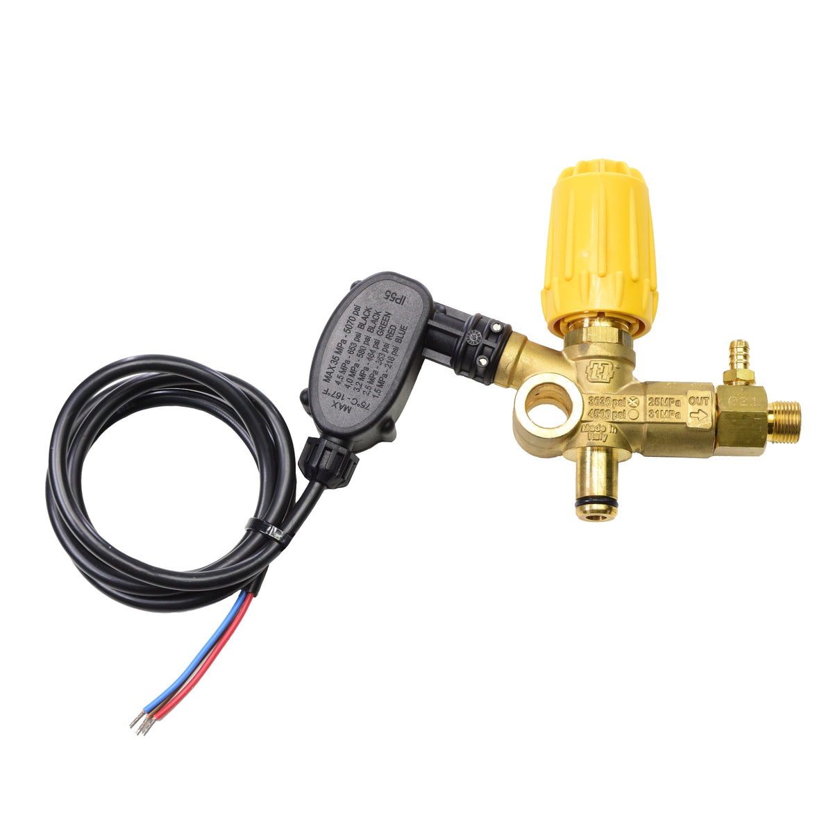 A brass and black electric shower valve pressure regulator with a yellow adjustment knob and a coiled black wire harness with red and blue wires, shown on a plain white background.
