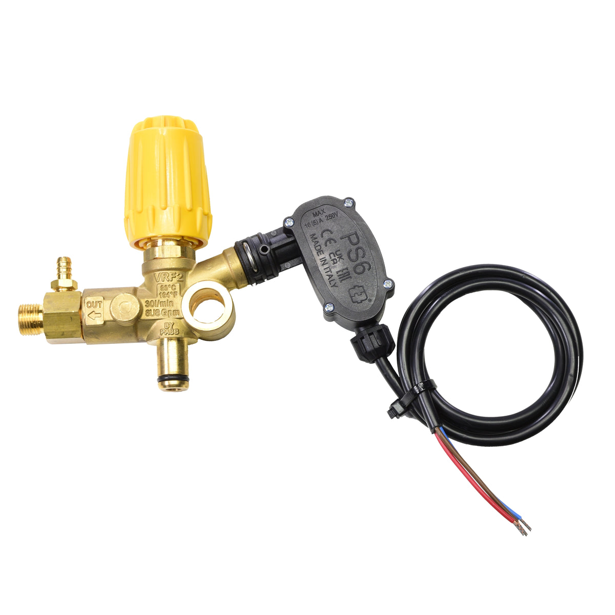 A brass and black electric pressure washer nozzle assembly with a yellow spray cone and a coiled black cable on a white background.