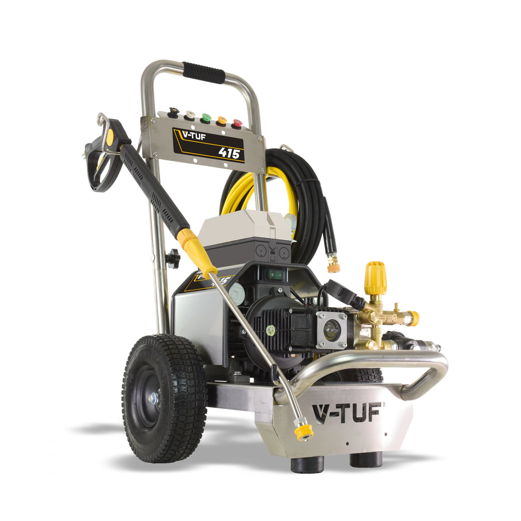 V-TUF 415V heavy duty pressure washer rear view showing cable entry and water connections