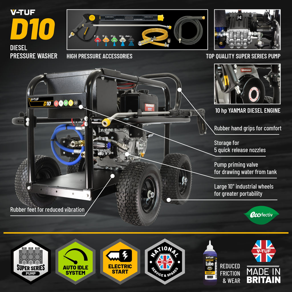 V-TUF D10 diesel pressure washer side view showing Yanmar engine and pump assembly