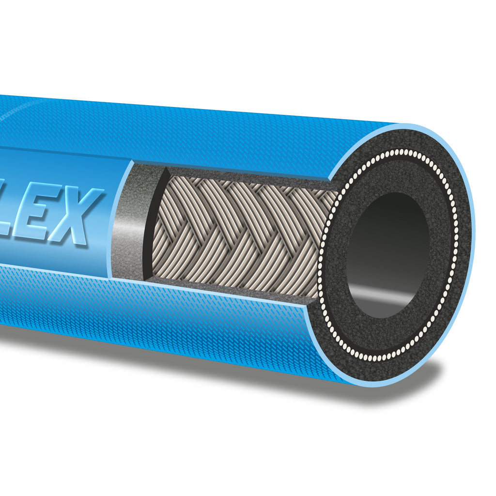 V-TUF blue jetwash hose cut end showing wire reinforcement and thick wall profile