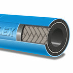 V-TUF blue jetwash hose cut end showing wire reinforcement and thick wall profile