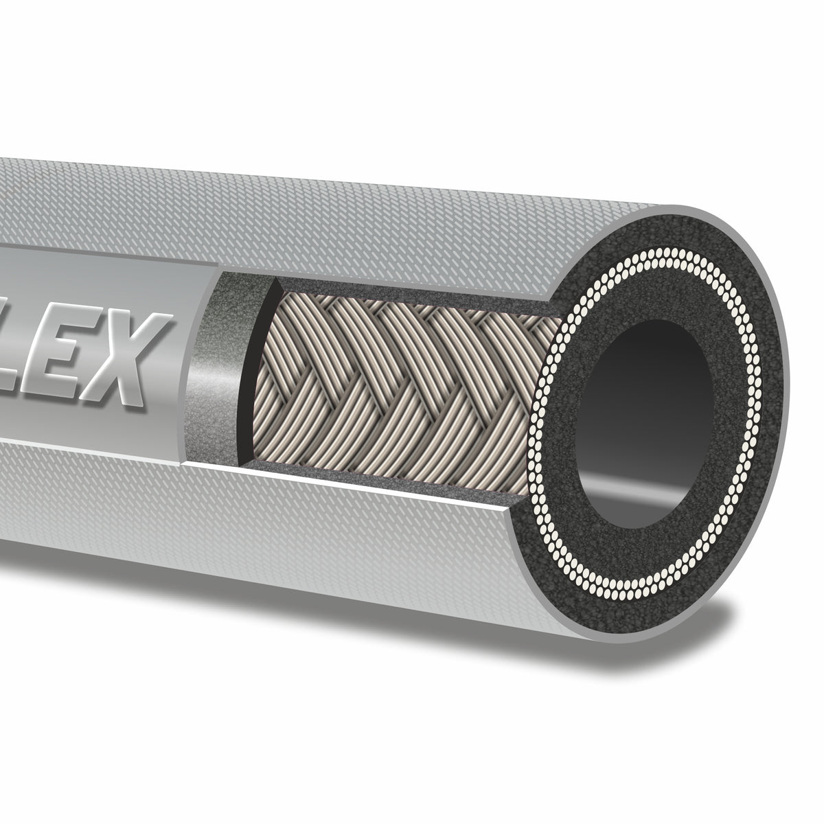 V-TUF grey jetwash hose cut end showing DN8 bore and wire reinforcement layers