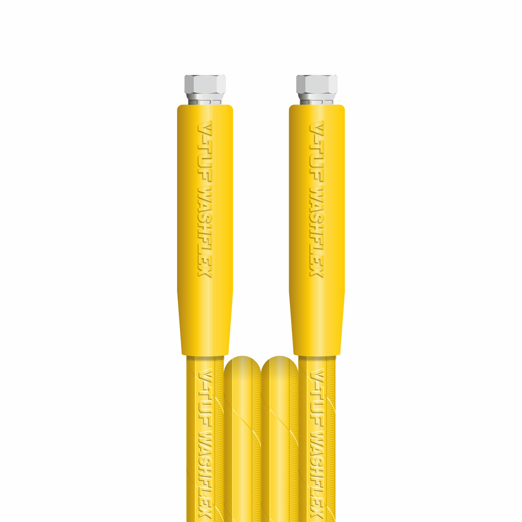 V-TUF yellow jetwash hose with cuffs showing end fitting detail and yellow cuff sleeve