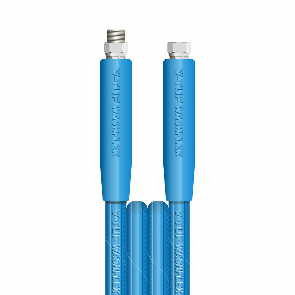 V-TUF blue 2-wire jetwash hose with M/F cuffs showing end fitting detail and blue cuff sleeve