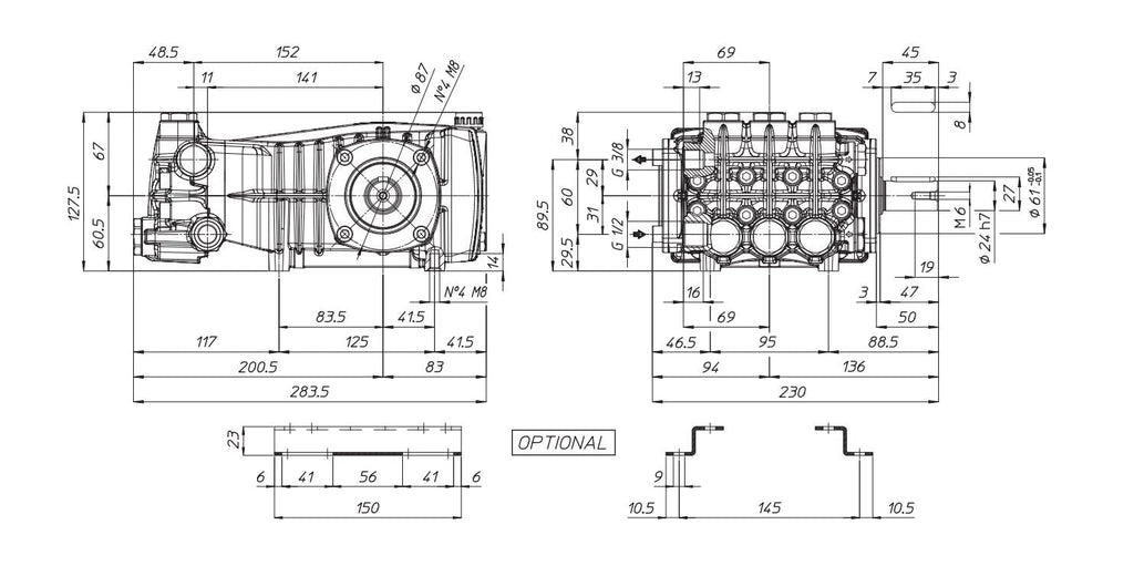V-TUF XHDM500SS pump technical diagram showing dimensions and shaft specifications