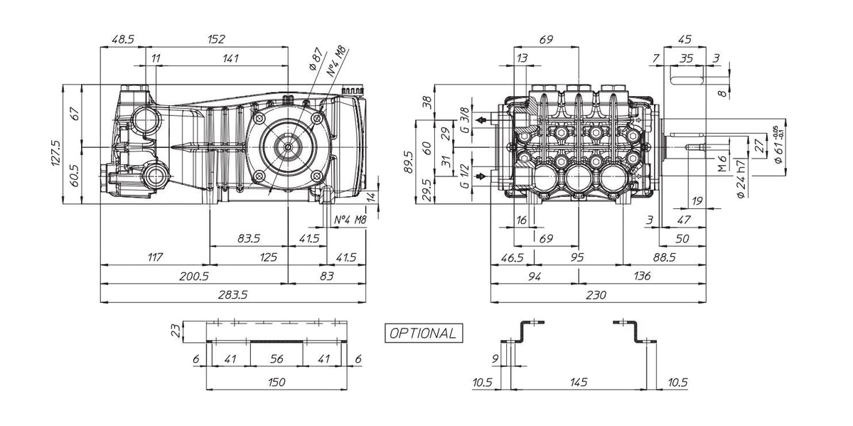 V-TUF XHDM500SS pump technical diagram showing dimensions and shaft specifications