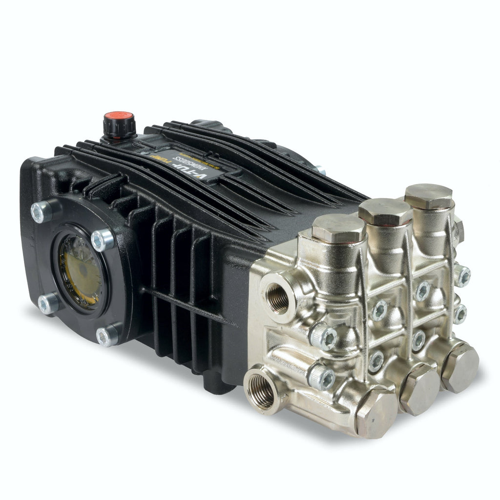V-TUF XHDM500SS pump side view showing 24mm solid male shaft and brass manifold
