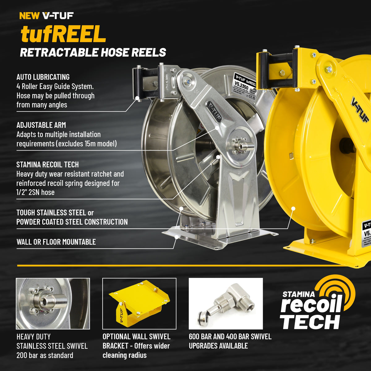 V-TUF 20m retractable tufREEL powder coated steel V5.2201 hose reel, front view