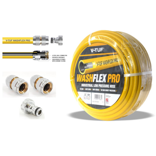 50m 1/2" 10 BAR WASHFLEX PRO WATER SUPPLY HOSE & KCQ COUPLING KIT  - BF1250-KIT1